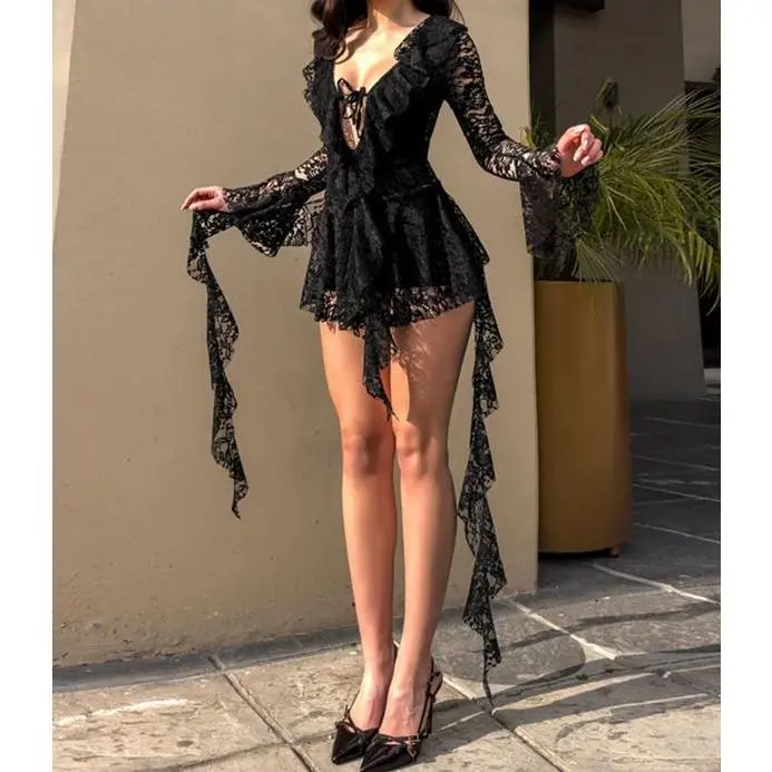 fashion lace sleeve dress Cream Floral Lace Long Sleeve Mini Dress