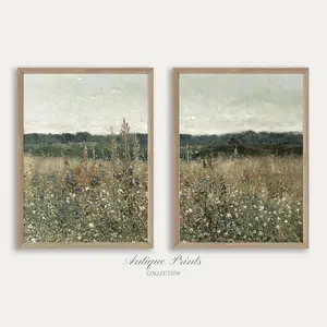 Wildflower Field Set of 2 Prints, Country 2 Pieces Vintage Wall Art, Landscape Painting, Neutral Split Print, Farmhouse Decor
