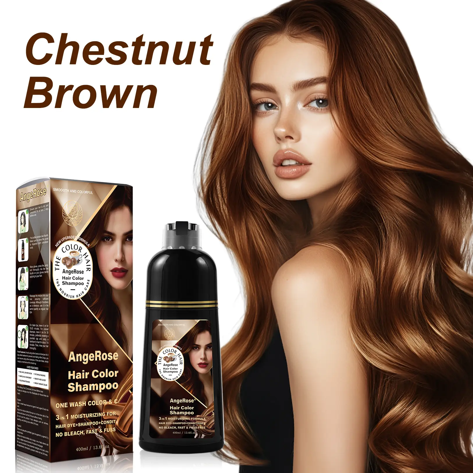 AngeRose New Upgraded Hair Color Shampoo + Keratin Hair Vitamin Serum, Instant Grey Hair Coverage, Hair Dye, Smooth & Shiny Hair