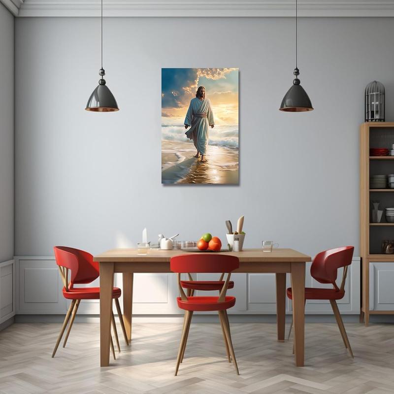 Jesus Picture on Canvas Jesus Walking on the Beach Canvas Picture God Poster Catholic Work of Art for Spiritual Space Wall Decoration Framed (3, 30 x 45 cm)