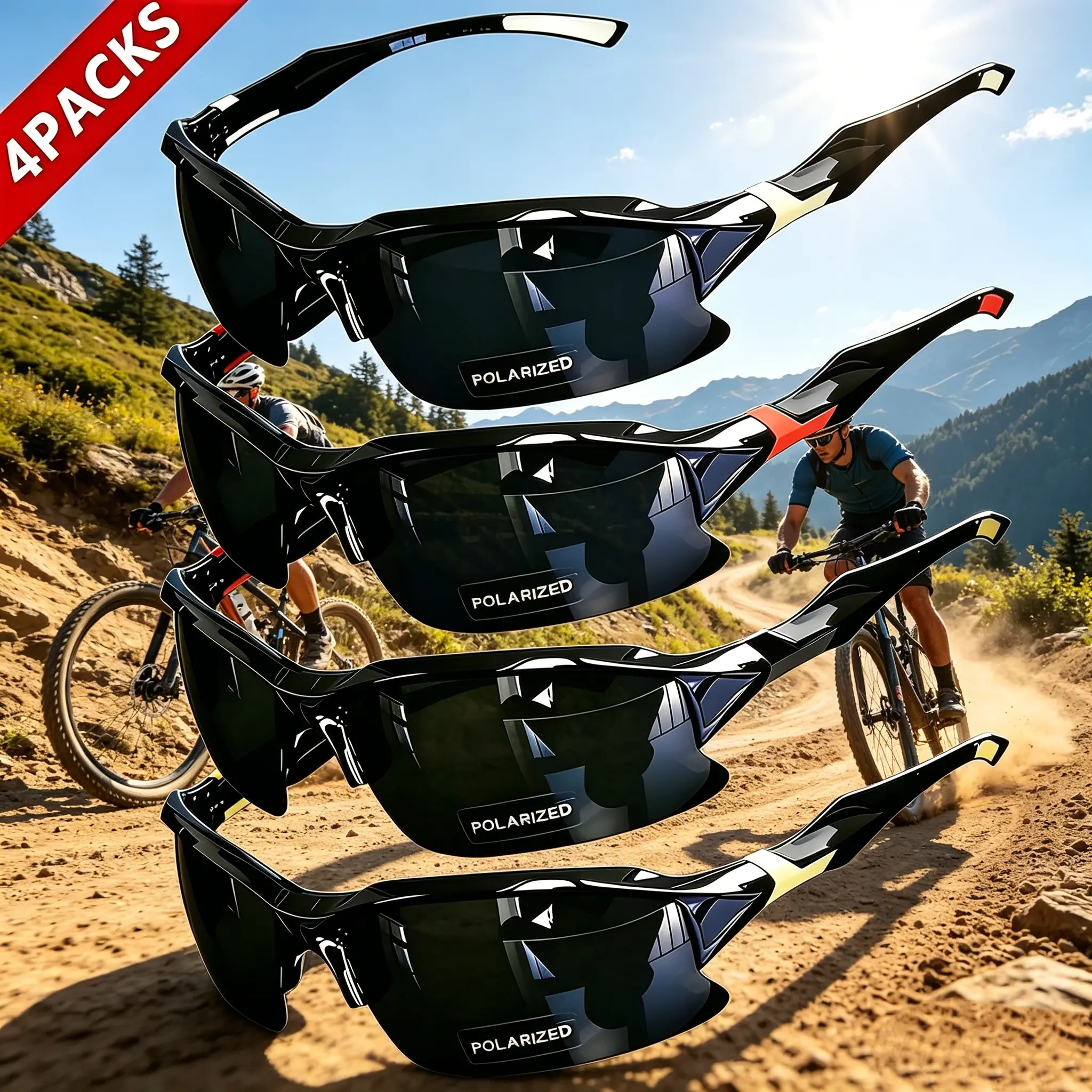 4-Pack Rimless Sports Sunglasses, Polarized Fashion Eyewear for Men and Women with UV400 Protection, Lightweight Windproof Glasses for Cycling, Running, Beach Trips, Fashion Sports Glasses