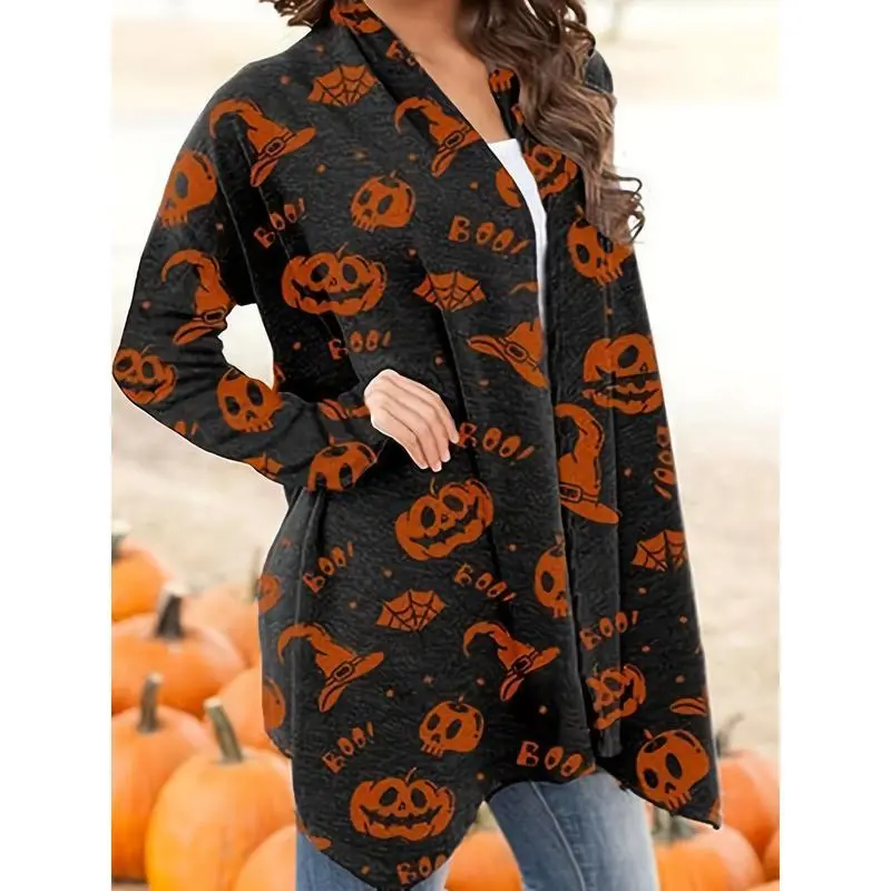 Women's Halloween Print Cardigan - Long Sleeve Stretchy Polyester-Spandex Blend with Pumpkin Skull Bat Witch Hat Print, Machine Washable Winter Casual Fall Sweater for Halloween Party Outfit Women's Halloween Print Cardigan - Long Sleeve Stretchy Polyester-Spandex Blend with Pumpkin Skull Bat Witch Hat Print, Machine Washable Winter Casual Fall Sweater for Halloween Party Outfit