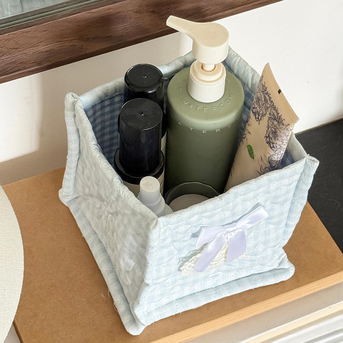 Bow stitched desktop storage box, small bear floral fabric storage basket, girly cosmetics organizer