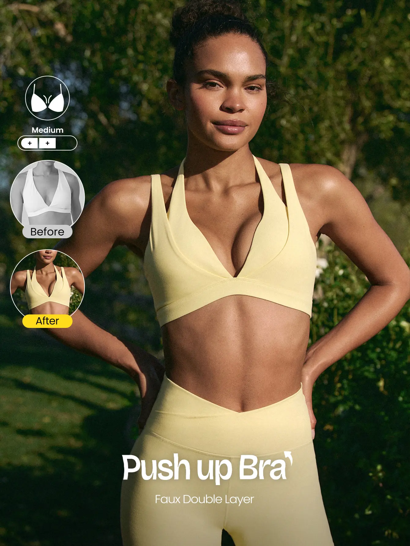 GLOWMODE FeatherFit-Sculpt Double Glow Buttery-Soft Stretchy Compressive Removable Cups Push-Up Adjustable Halterneck 2 In 1 Style Sports Bra Medium Impact Training Running Workout Gym Wear