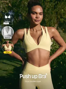 GLOWMODE FeatherFit-Sculpt Double Glow Buttery-Soft Stretchy Compressive Removable Cups Push-Up Adjustable Halterneck 2 In 1 Style Sports Bra Medium Impact Training Running Workout Gym Wear