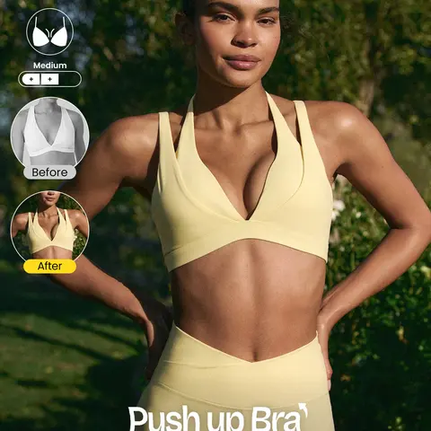 GLOWMODE FeatherFit-Sculpt Double Glow Buttery-Soft Stretchy Compressive Removable Cups Push-Up Adjustable Halterneck 2 In 1 Style Sports Bra Medium Impact Training Running Workout Gym Wear
