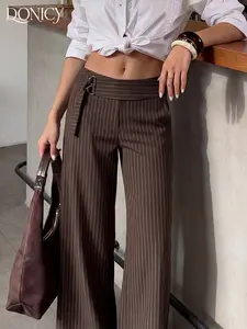 Women's Striped High-Waisted Long Pants, Button Design, Wide-Leg Fit, Elegant Casual Wear for Office, Brunch, Street, Leisure, Womenswear