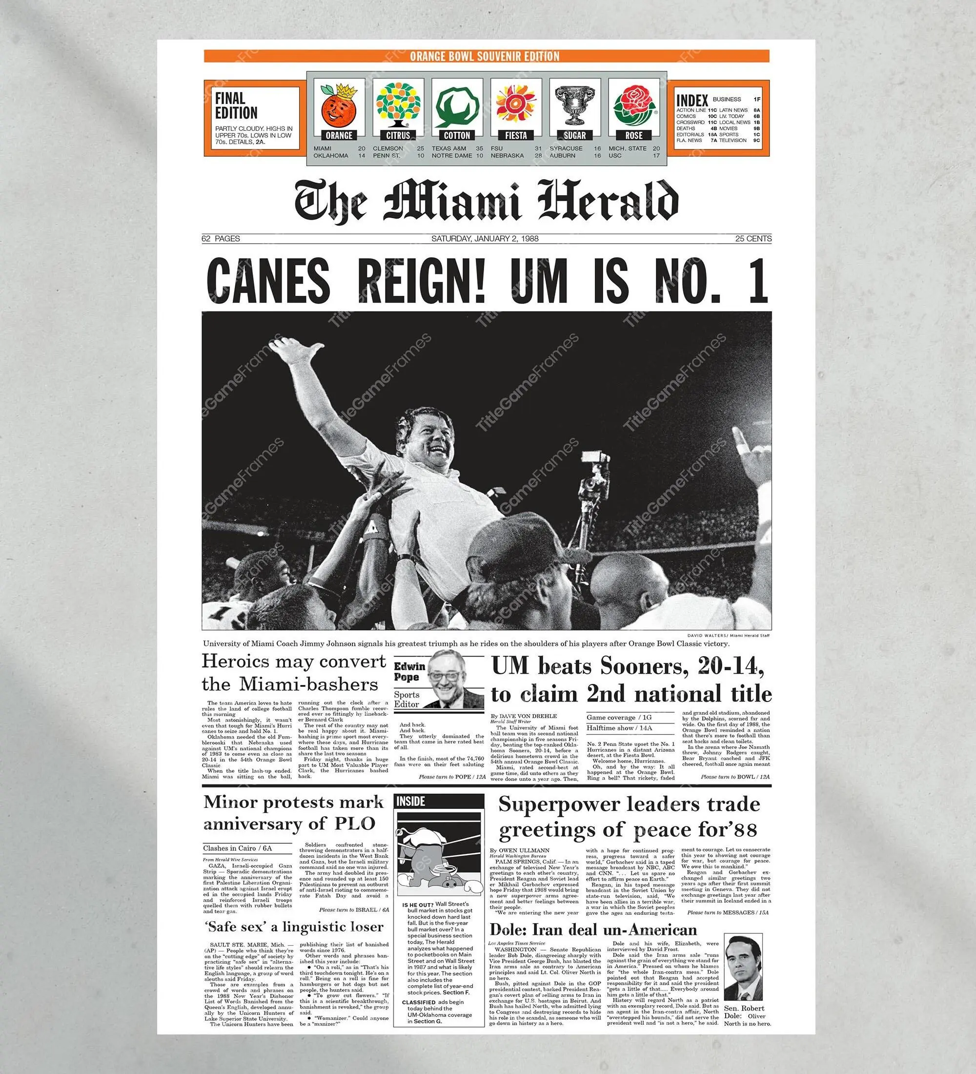 1988 Miami Football "CANES REIGN!" Orange Bowl Championship Win Vs Oklahoma Unframed Poster
