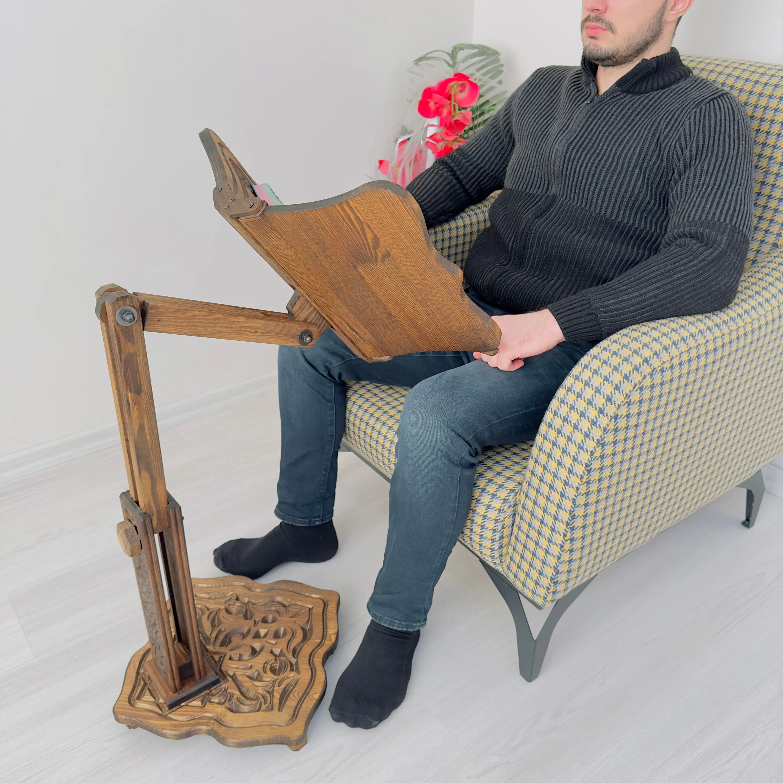 Adjustable Durable and Sturdy Ergonomic Design Teak Oil-Impregnated Pine Wood Book & Music Stand - 18cm Deep, 20in Height Desk Lectern Holder, Floor & Couch Use, Fits Heavy Large Bible/Dictionary, Gift Box-Included Book Display Stand