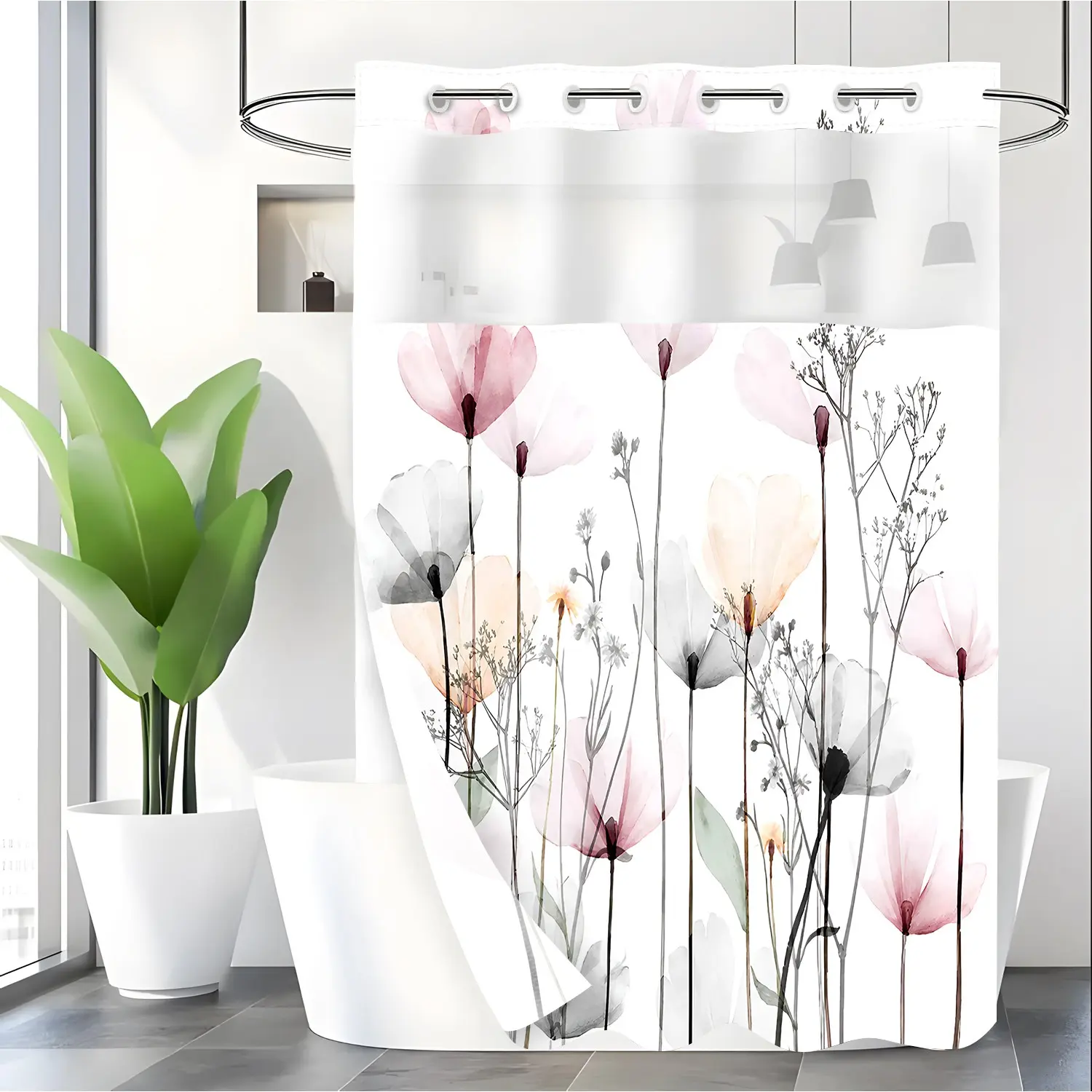 LVRLVR 1pc Minimalist Blush Watercolor Poppy Floral Hookless Decorative Shower Curtain, Soft Pastel Wildflower Print, Sheer Top Window, Detachable Liner & No Hook C-Ring, 70.8" x 74"