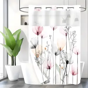 LVRLVR 1pc Minimalist Blush Watercolor Poppy Floral Hookless Decorative Shower Curtain, Soft Pastel Wildflower Print, Sheer Top Window, Detachable Liner & No Hook C-Ring, 70.8" x 74"