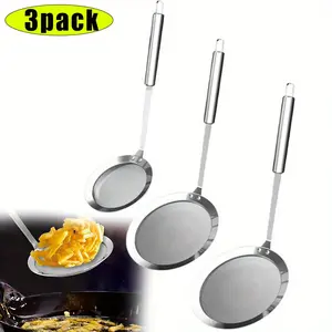 Stainless Steel Fat Skimmer Spoon - Set of 3pcs Professional Kitchen Fine Mesh Food Strainer and Hot Pot Skimmer with Long Handle for Skimming, Cooking, Frying, Grease, Gravy and Foam