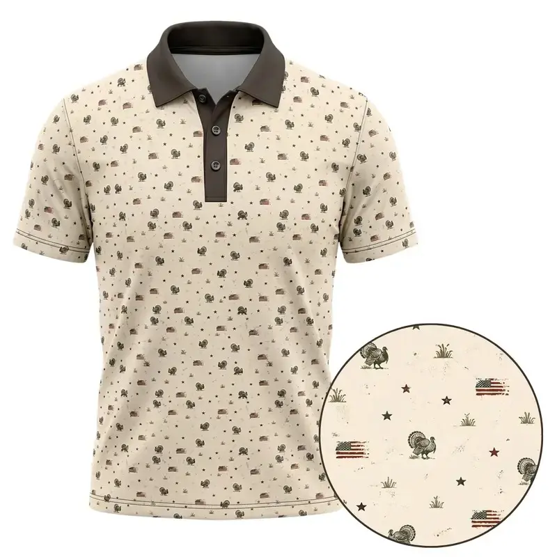 Men’s Textured Sublimation Turkey Print Polo Shirt - Vintage American Flag Patriotic Menswear, Personalized Graphics Short Sleeve Casual Outdoor Golf Top for Thanksgiving| Lightweight Breathable Outdoor Hunting Polo | Short Sleeve Golf Shirt
