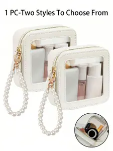 Transparent Mini Makeup Bag with Faux Pearl Keychain, Waterproof Zipper Pouch, Perfect for School, Travel, Backpack Hanging