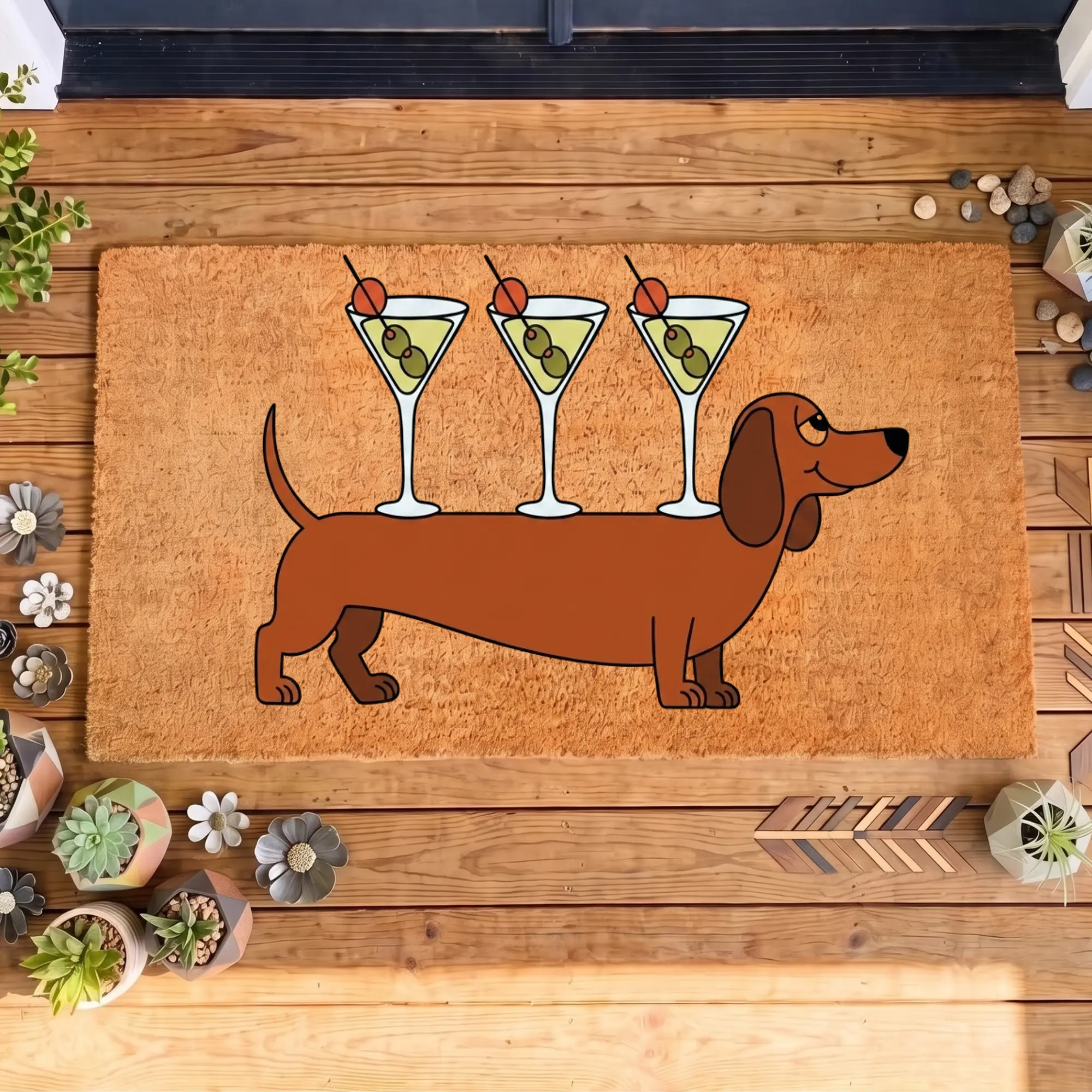 Dog Doormat - Modern Coconut Fiber Printed Entrance Doormat, Funny Dachshund with Cocktails Design, Cute Wiener Dog Housewarming Gift Mat