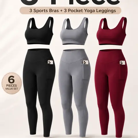 OKP Women's 6-Piece 3-Pack Sporty Activewear Set - Matching Tank Tops, High-Waist Pockets Leggings, Moisture-Wicking Workout Clothing for Yoga, Gym