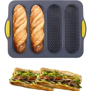 4-Cavity Nonstick Heat Resistant Silicone Bread Loaf Pan, Silicone Baking Molds for Baking Homemade Bread Baguette Hoagie Rolls Sandwich Hot Dog Buns