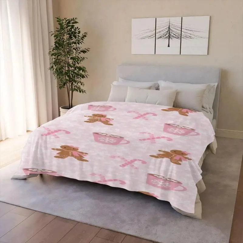 Cozy Pink Gingerbread & Candy Cane Print Throw Blanket - Lightweight Soft Polyester Flannel Blanket, All-Season Comfort for Sofa Bed Office Camping and Travel, Ideal Holiday Christmas Gift Cozy Seasonal Bedding Throw