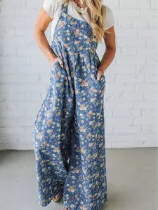 Women's Floral Overalls Loose Wide Leg Denim Jumpsuit Vintage Boho Baggy Romper with Pockets