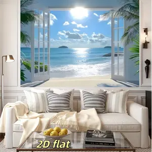 Tropical Island Palm Tree Wave 2D Background Banner, Polyester Photography Backdrop, Wedding Birthday Party Decor, Summer Pool Party