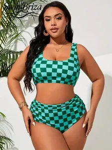 Briza｜Green And White Checkerboard Plus-Size Bikini Square-Neck High-Waisted Beach Vacation Swimsuit
