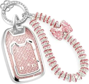 for GMC Key Fob Cover with Fashionable Zirconia Wristlet KeyChain, Enchanting Diamond Patterns Soft Case for GMC Tahoe (6 buttons) Key Fob Shell (Pink, A)