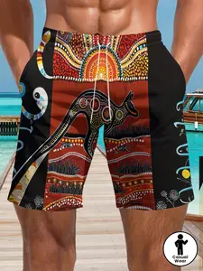 Men's Ethnic Print Beach Shorts, Summer Casual Quick-Dry Swim Trunks, Loose-Fitting Mid Waist Drawstring Waist, Outdoor Beachwear
