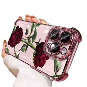 Red Rose Print Pattern Soft Casing Protective Cover for iPhone 15 16 Plus 14 13 12 11 Pro Max Transparent Four-Corner Airbag Electroplating Cases Shockproof Creative Design   Smartphone   Protector  Cellphone   Cover