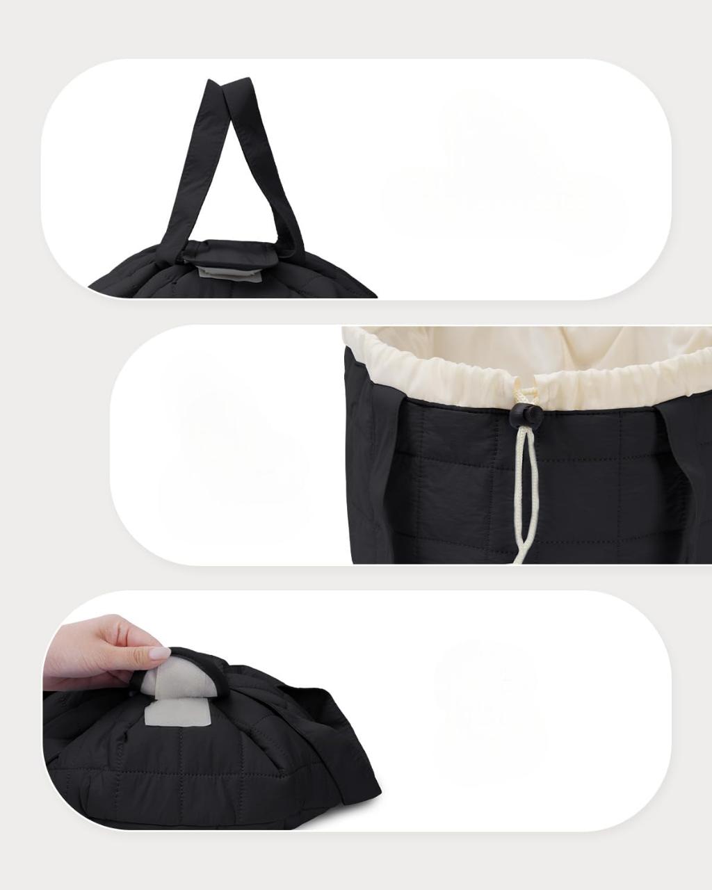 Lay Flat Open Drawstring Makeup Bag, Large Quilted Cosmetic Bag for Women Girls, Cute Make up Bags with Handle, Portable Travel Toiletry Bag for Skincare, Brushes & Travel Essentials (Black)