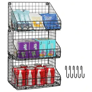 3-Tier Stackable Detachable Snack Organizer (Large Size), Countertop Display/Wall Mounted Shelf With 5 Hooks Wire Basket Snack Shelf For Office Cabinets, Kitchen, Pantry, 11.8x7.8x22 Inch Metal Rack Bands Room Rubber Vanity Black