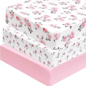 3 Pack Soft Rose Floral  Sheets Fitted, Silky Comfy Breathable  Sheets for Boys Girls, 28x52 Inches Fits Standard  and  Mattresses, Pink Floral