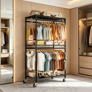 Heavy Duty Rolling Clothes Rack on Wheels, 3-Tier Adjustable Wire Shelving Mobile Garment Rack with Double Clothing Rails & Side Hooks, Freestanding Portable Closet Storage Organizer for Bedroom, Entryway, Black Hangers Hanging Hangable Baking