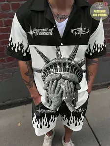 Men's Two-Piece Set Y2K Statue of Liberty Flame Graphic Print Cuban Collar Short Sleeve Shirt + Drawstring Shorts, Summer Loose Casual