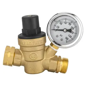 RV Water Pressure Regulator Valve, Brass Lead-Free Adjustable Water Pressure Reducer with Gauge and Inlet Screen Filter for RV Camper Travel Trailer