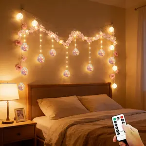 Cherry Blossom and Wisteria Wish Ball String Lights, 118 inches long, USB-powered, comes with a remote control, features 8 lighting modes, and includes 108 LED bulbs and 10 round bulbs. Perfect for Mother’s Day and indoor holiday decorations.