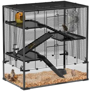 PawHut Large Hamster Cage with Deep Tempered Glass Bottom, 4 Tiers Hamster Tank with Running Wheel, Hut, Water Bottle, Dish, Rat Cage for Syrian, Dwarf, Gerbils, Mouse, 31" x 19" x 31.5", Black