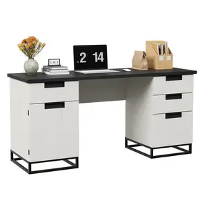 Garvee Farmhouse Executive Desk, 59" Computer Desk, White Home Office Desks with File Drawer and Storage Cabinet, Wood Writing Desks for Home Office, Bedroom, White+Black