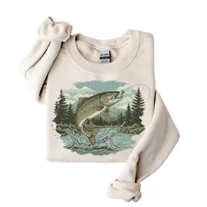 Retro Wilderness Fish 90s Sweatshirt, Boho Fishing Tee, Outdoor Hiking Fisherman Gift, 90s Graphic Tee, Fishing Gift for Men- Vintage Graphic Tee -  Unisex S-3XL - Menswear & Womenswear - Streetwear Tops - Casual Cotton Crewneck Pullover Polyester
