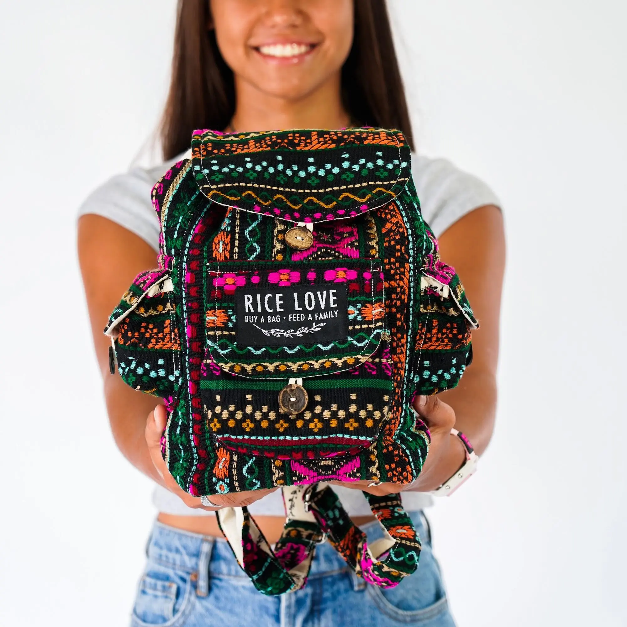 RICE LOVE Dana Mini Fair Trade Unisex Recycled Burlap Travel Backpack - Multi-Functional Drawstring Bag with Adjustable Shoulder Strap, Varied Prints for Luggage & Daily Use