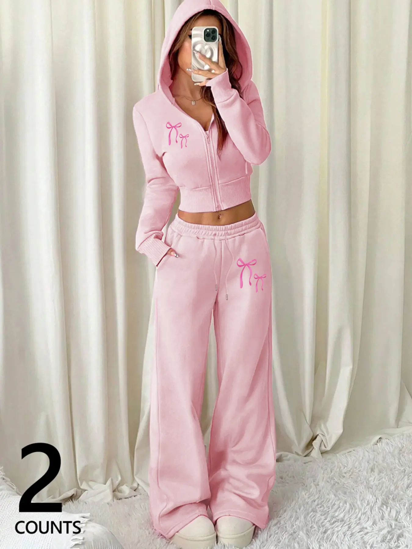 Women's Hooded Zipper Sweatshirt Long Pants Set, Casual Fitted Plain Design, All-Season Comfortable for Daily Wear