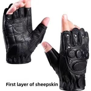 Sheepskin Half-Finger Gloves for Men Autumn Winter Riding Driving Motorcycle Tactical Training Non-Slip Leather Gloves with Reinforced Stitching