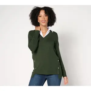 Denim & Co. Collared 2fer V-Neck Sweater