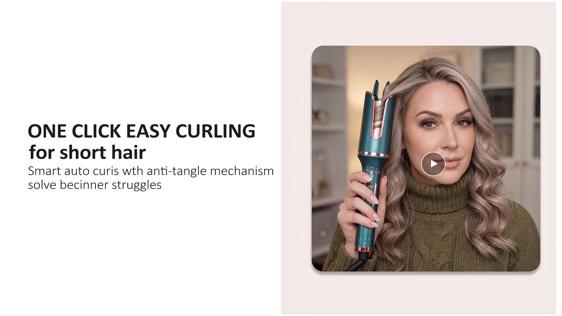 Automatic Rotating Curling Iron -  CURLPRO Beach Waves Curling Wand, Portable Hair Curler, 500 Million Ionic, Dual Voltage & Lightweight for Travel, Ceramic Coating, 1 Inch, Pink