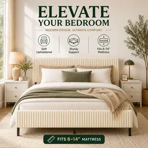 【Velvet Storage Bed】FANSACE Lumina Corduroy Velvet Upholstered Modern Platform Bed Frame with Tall Wingback Headboard, Charging Port, Noise-Free, No Box Spring Needed, Easy Setup, Multi-Size (Twin/Queen/King), Beige Upholstered Storage Bed tiktokshopsprin