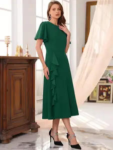 INSPIRE CHIC Women's Ruffle Dress Wedding Guest Crew Neck Short Sleeve Formal Cocktail Midi Dresses Dark Green