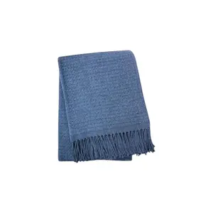 HomeRoots 632909 Cotton Blend Woven Throw Blanket - 50x67 in., Fringe, Denim Blue, Outdoor & Blend Blankets, Outdoor Blankets