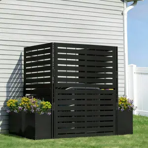 NAVINE Air Conditioner Fence, 3 Panels Metal Privacy Screen with Planter Box for Trash Can, Pool Equipment Enclosure, Black Outdoor AC Unit Cover, 40.7" W x 39.5" H, Garden Fence Enclosure