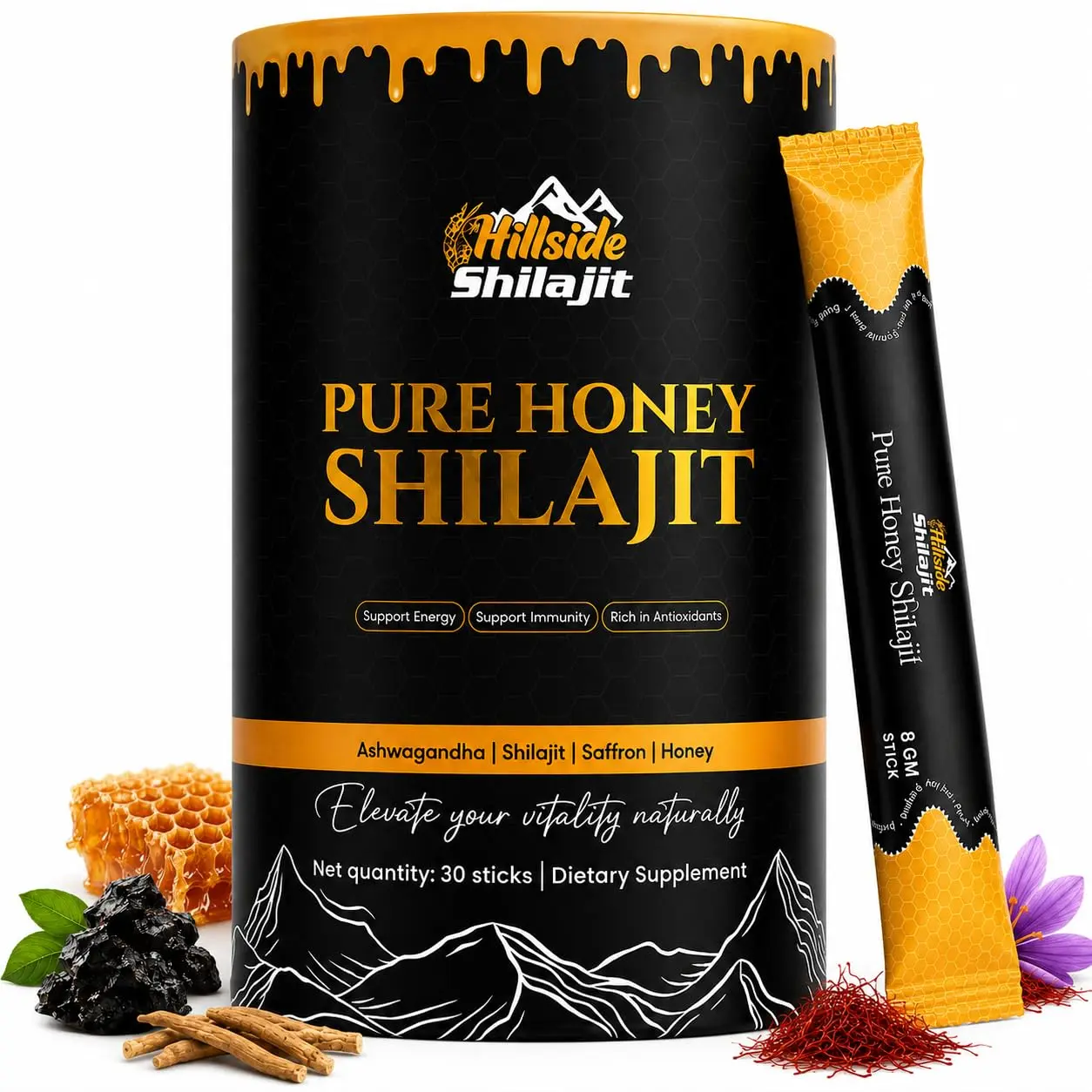 30 Sticks Pack Honey Sticks with Infused Shilajit, Saffron & Ashwagandha – Daily Wellness & Energy Support for Men & Women