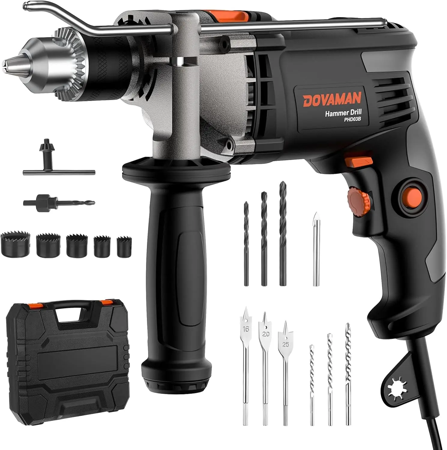 #summerfinds DOVAMAN Corded Hammer Drill, Multi-Material Drilling, 850W/3000RPM, Variable Speed, Hole Saw, Woodworking Flat Drill, Glass/Tile Drill Bit, 2 Functions, 13MM Metal Chuck,#Summervibes Power Tool