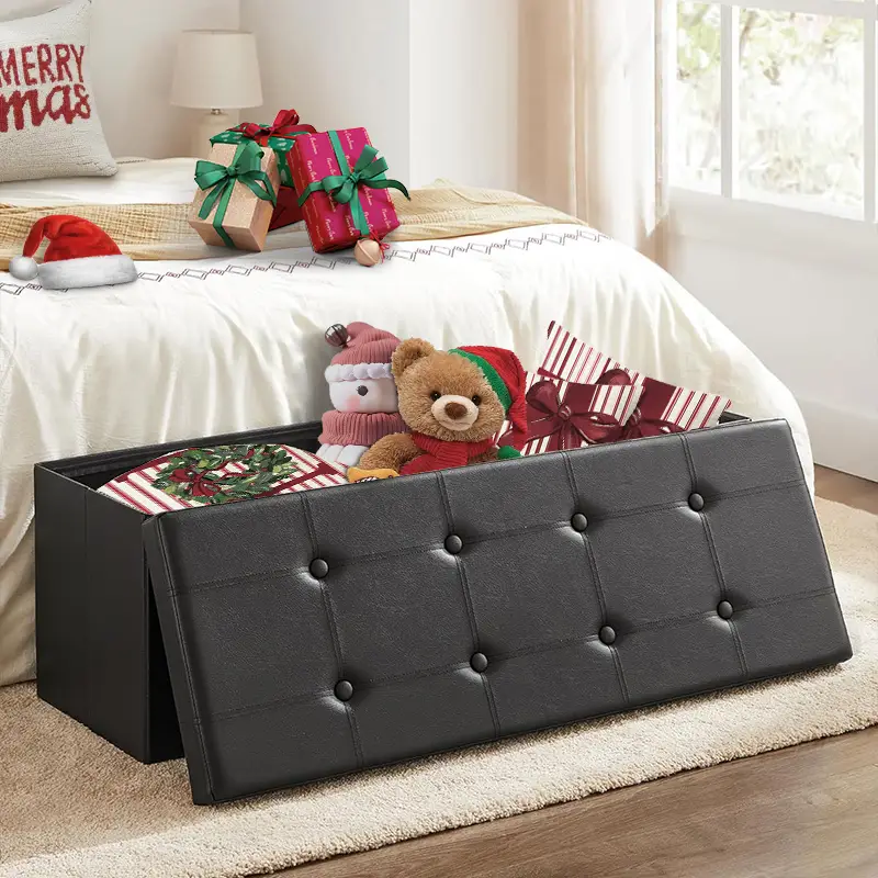 15-43inch Folding Storage Ottoman, Storage Chest, Footrest, Coffee Table, Padded Seat, End of Bed Bench, Faux Leather Seat Foot Rest Stools for Entryw